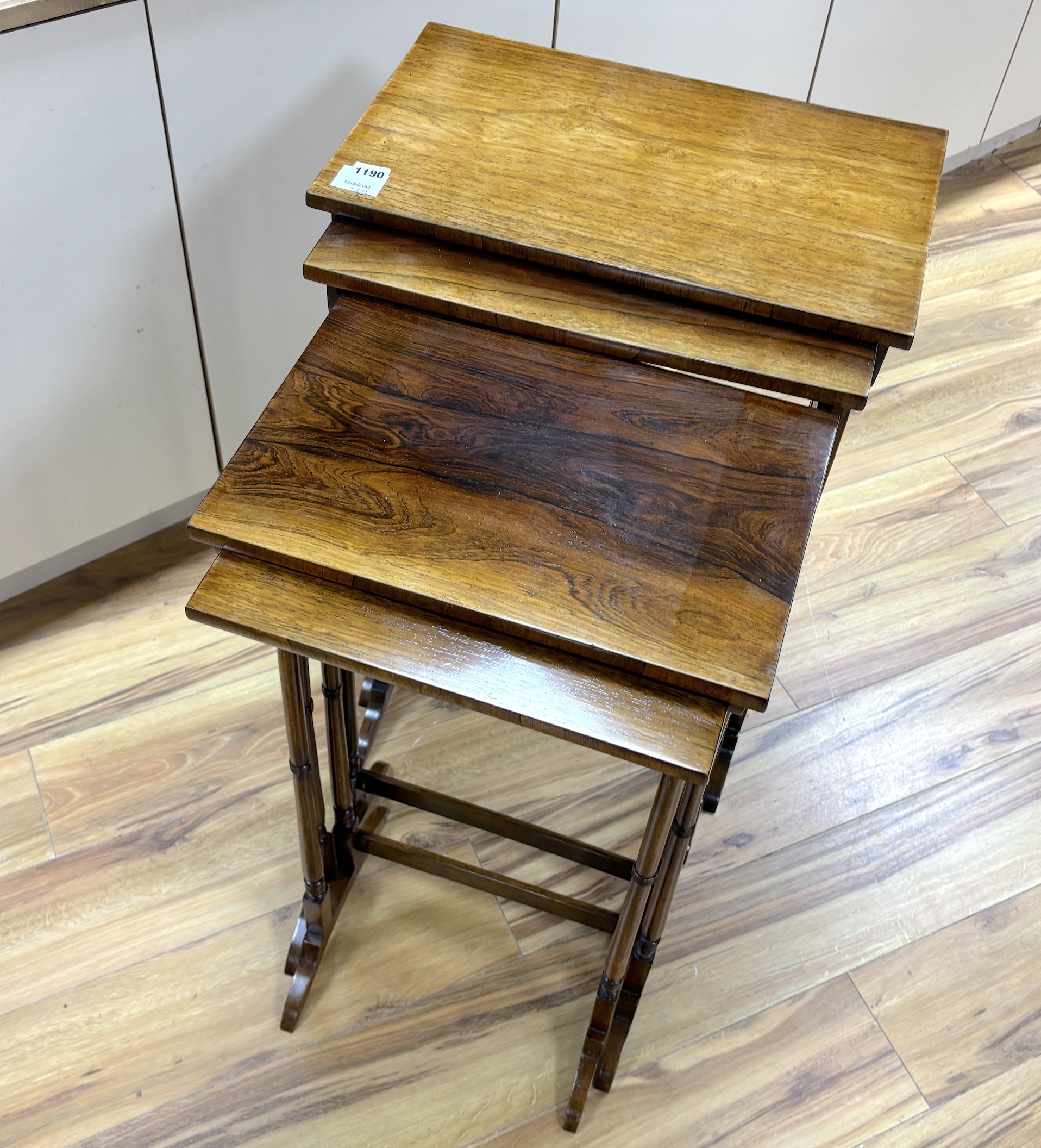 A 19th century quartetto of rosewood tea tables, width 50cm, depth 30cm, height 78cm